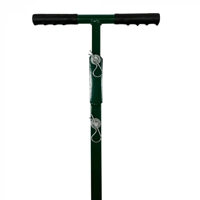 Closeup of the handle of the Landzie 60-inch wide Tow Behind Compost Spreader