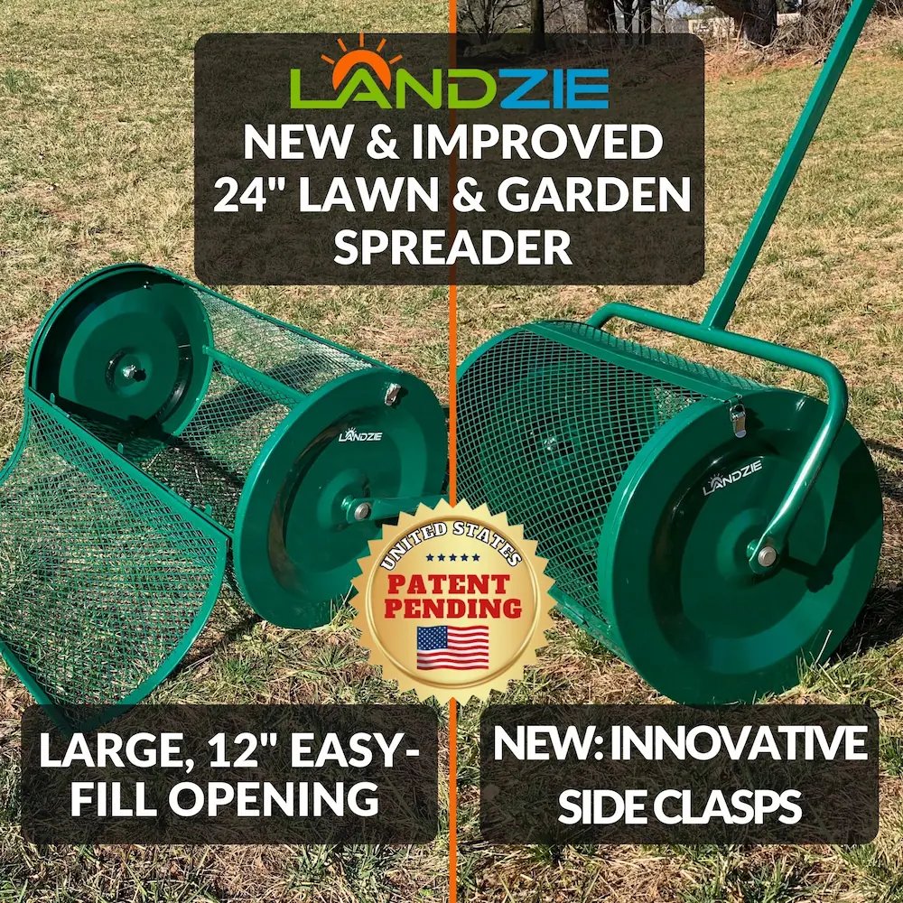 New & Improved 24" Lawn & Garden Spreader- large, 12" easy-fill opening, new innovative side clasps