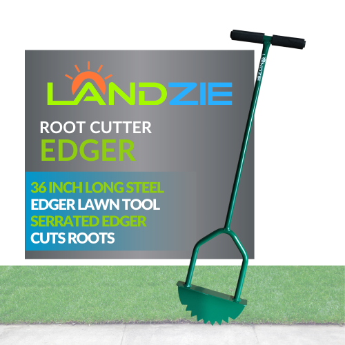 This is an image of the Landzie Root Cutter with a supporting graphic that says: 36 inch long steel edger tool, serrated edger that cuts roots.